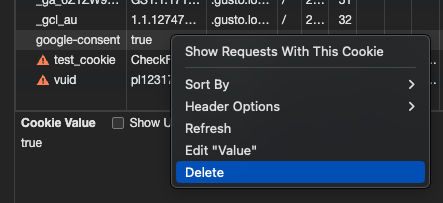 This images shows a menu of options with 'delete' highlighted