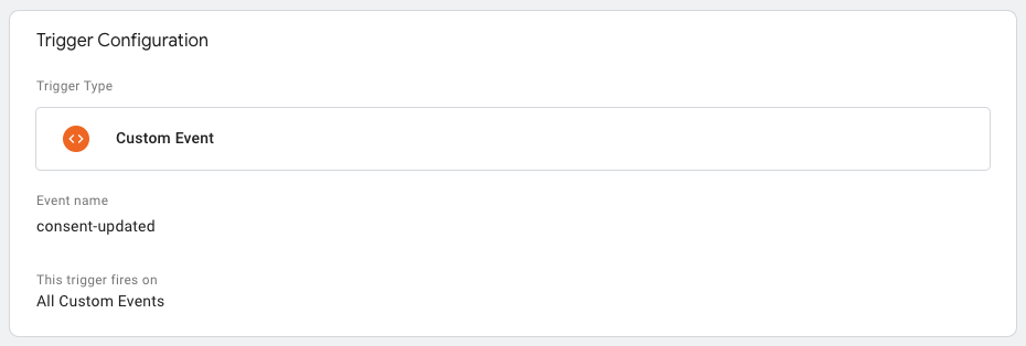Image shows a trigger configuartion panel which includes trigger type, event name, and this trigger fires on